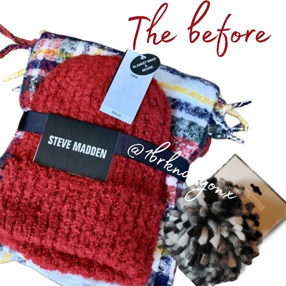 Steve Madden Holiday Gift Set Beanie Hat & Blanket Plaid Scarf Upgraded Lux Pom - Picture 5 of 14
